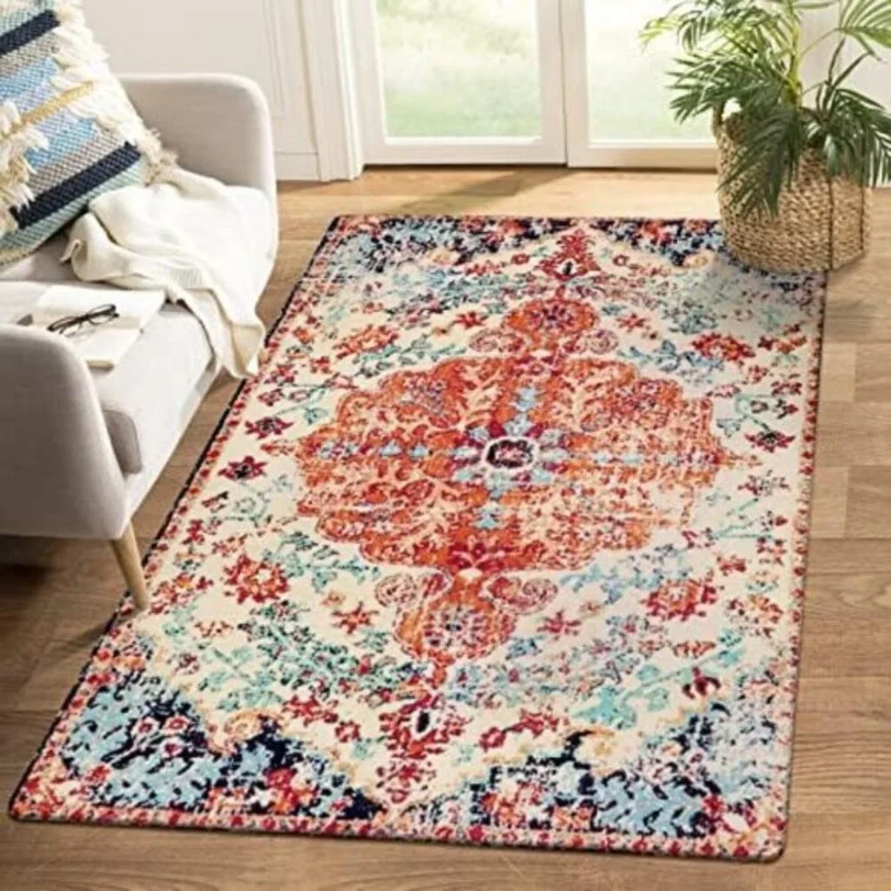 Area Rug 4 x 6 Vintage Faux Wool Indoor Throw Mat Non-Slip Washable Carpet